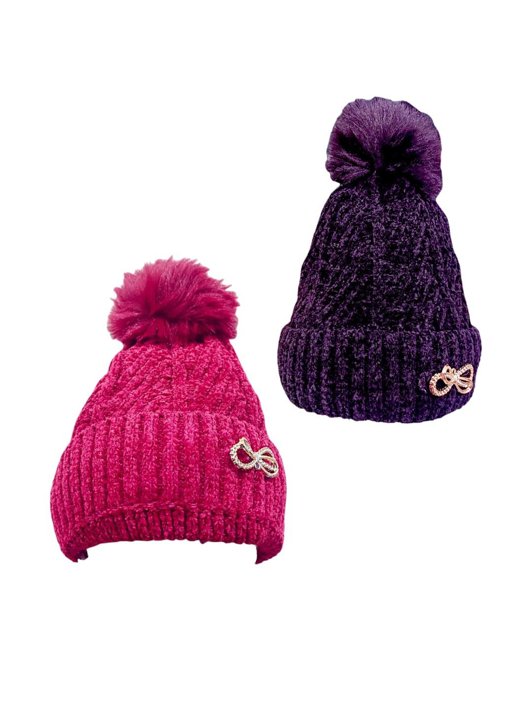 Trubliz Kids Pack of 2 Pink and Purple Self Design Pom Pom Beanie
