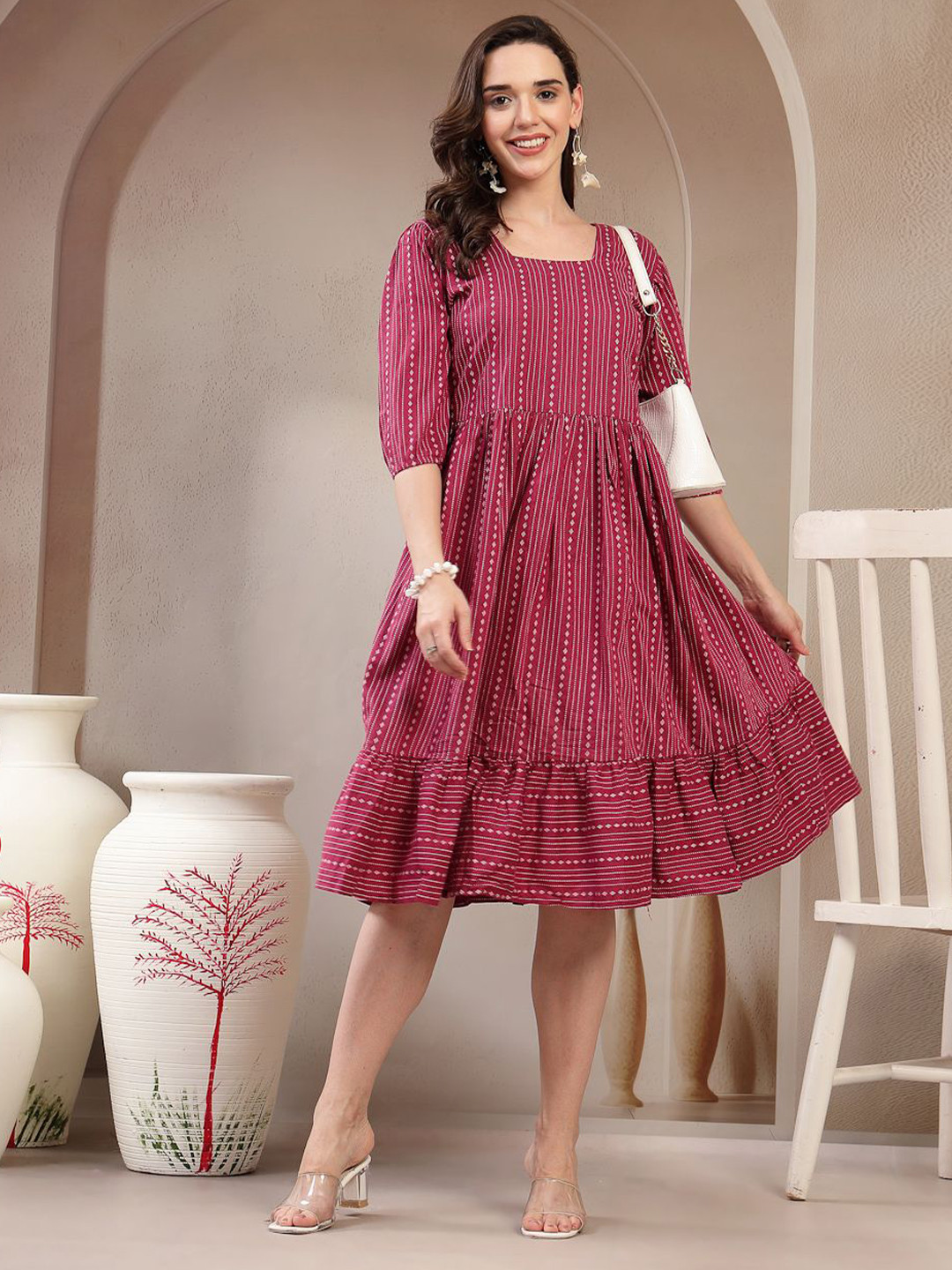 Tzelynn Women Square Neck Striped Puff Sleeve Fit & Flare Dress