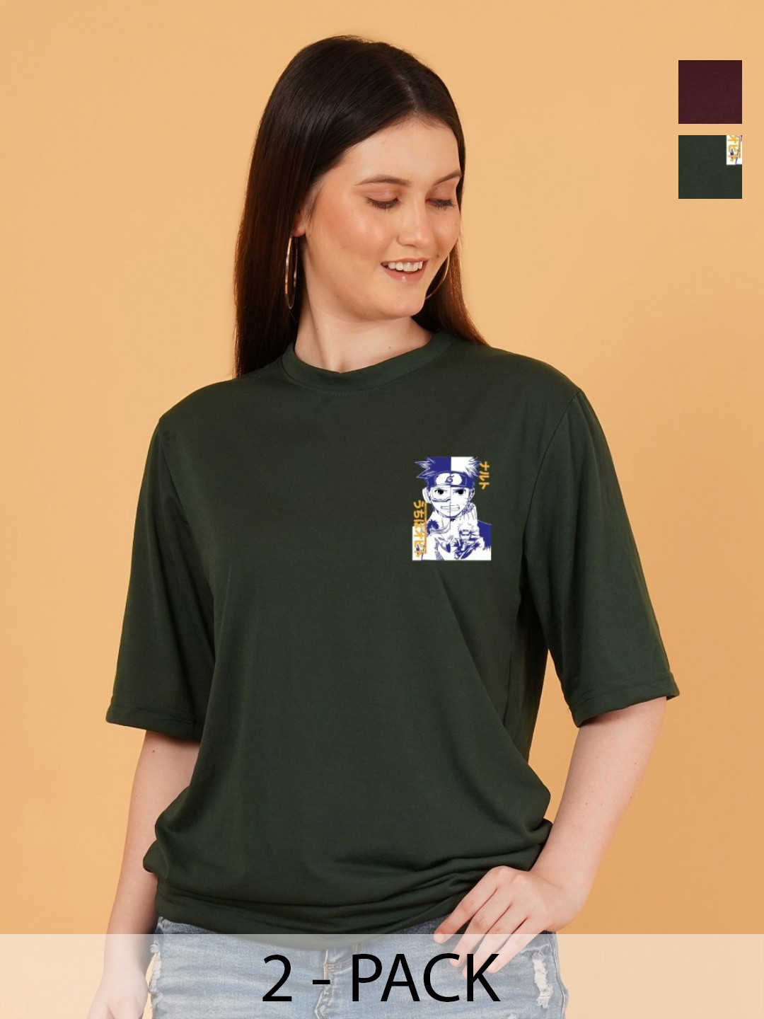 Kasendra Women Pack of 2 Naruto Graphic Printed Round Neck Relaxed Fit T-shirts