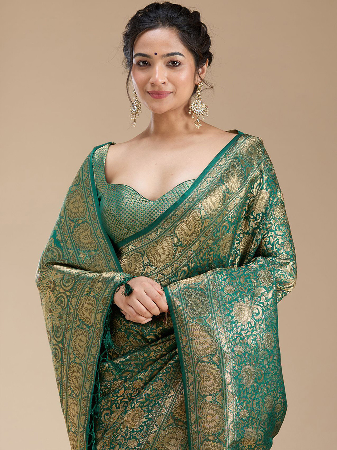 Koskii Women Zariwork Bottle Green Silk Saree With Unstitched Blouse