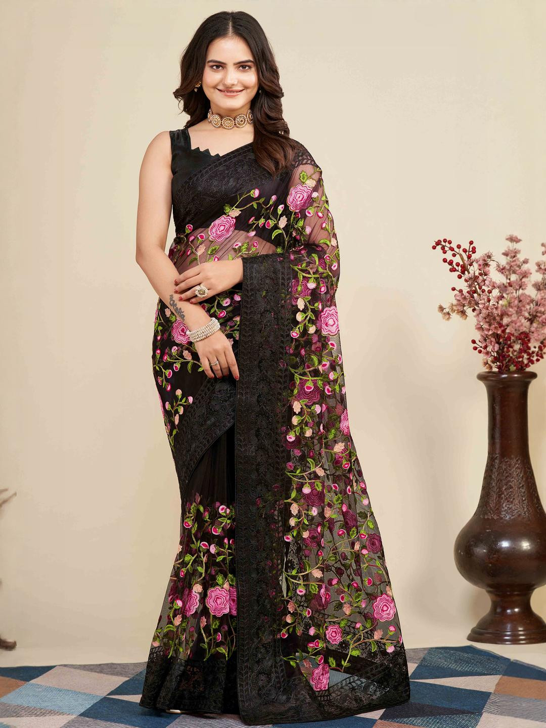 Peachmode Black Net  Sarees
