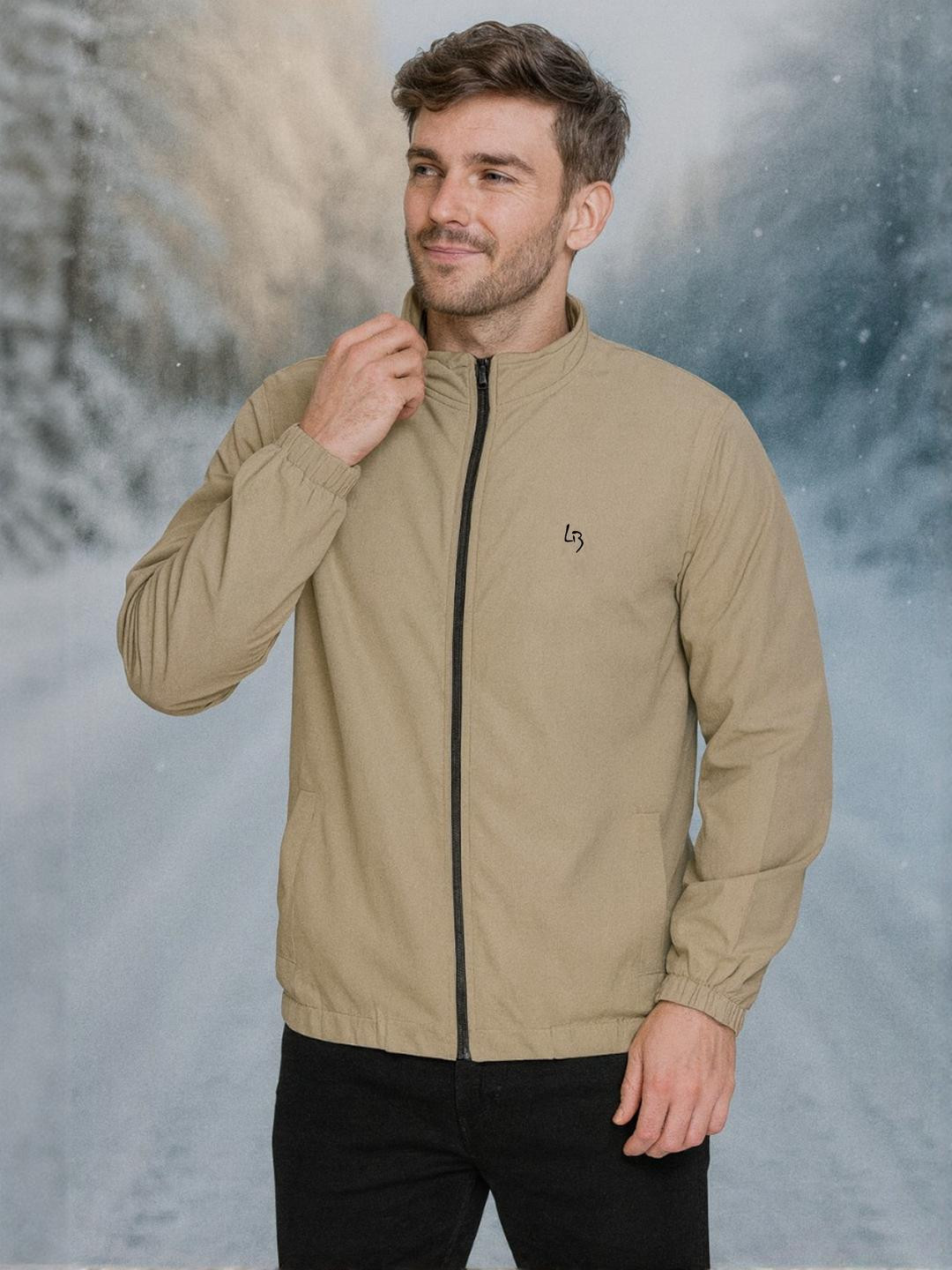 LEE BONEE Men Brown Polyester Mock Collar Long Sleeves Windcheater Outdoor Sporty Jacket