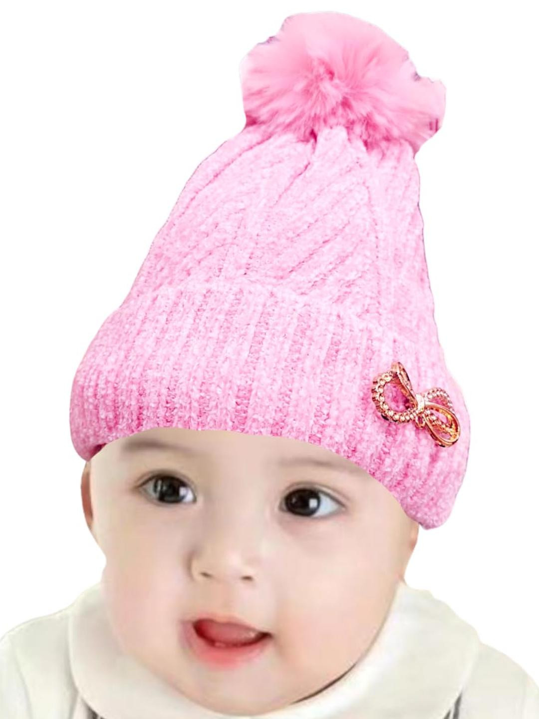 Trubliz Kids Pink Self Design Pom Pom Beanie