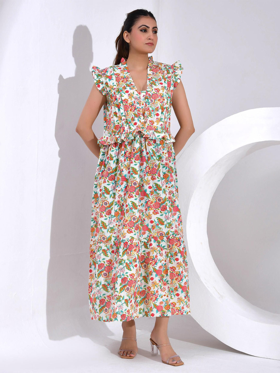 SIDDHO HUM Women Floral Printed Flutter Sleeves Ruffles Detail Fit and Flare Maxi Dress