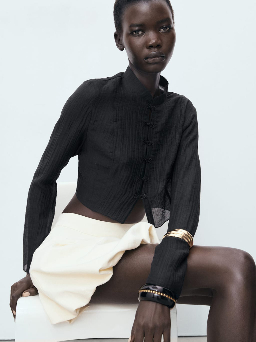 MANGO Hook Closure Sheer Shirt Style Crop Top