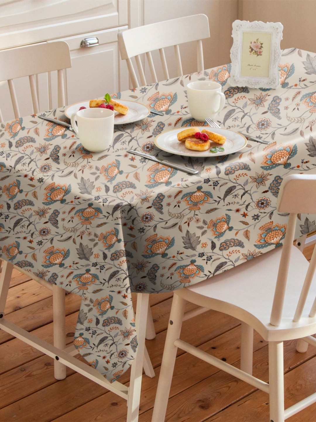 CASABLEU Tan And Grey Floral 6-Seater Table Cover