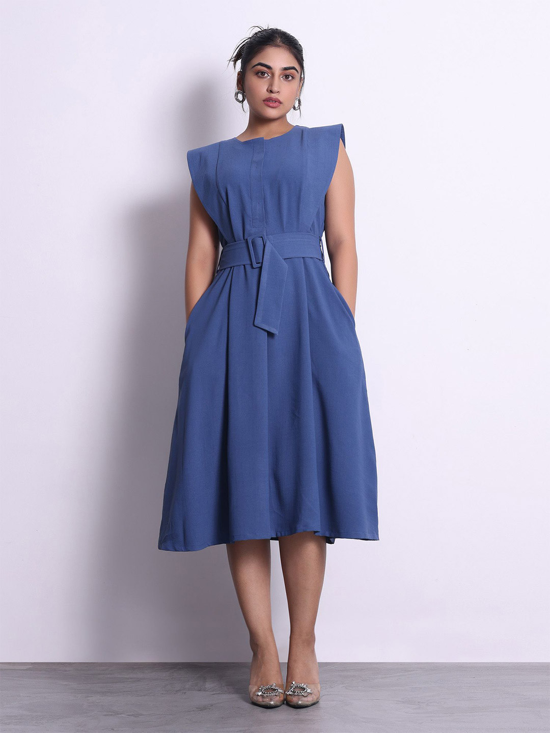 Jaey Crepe Buckle Up Fit & Flare Midi Dress