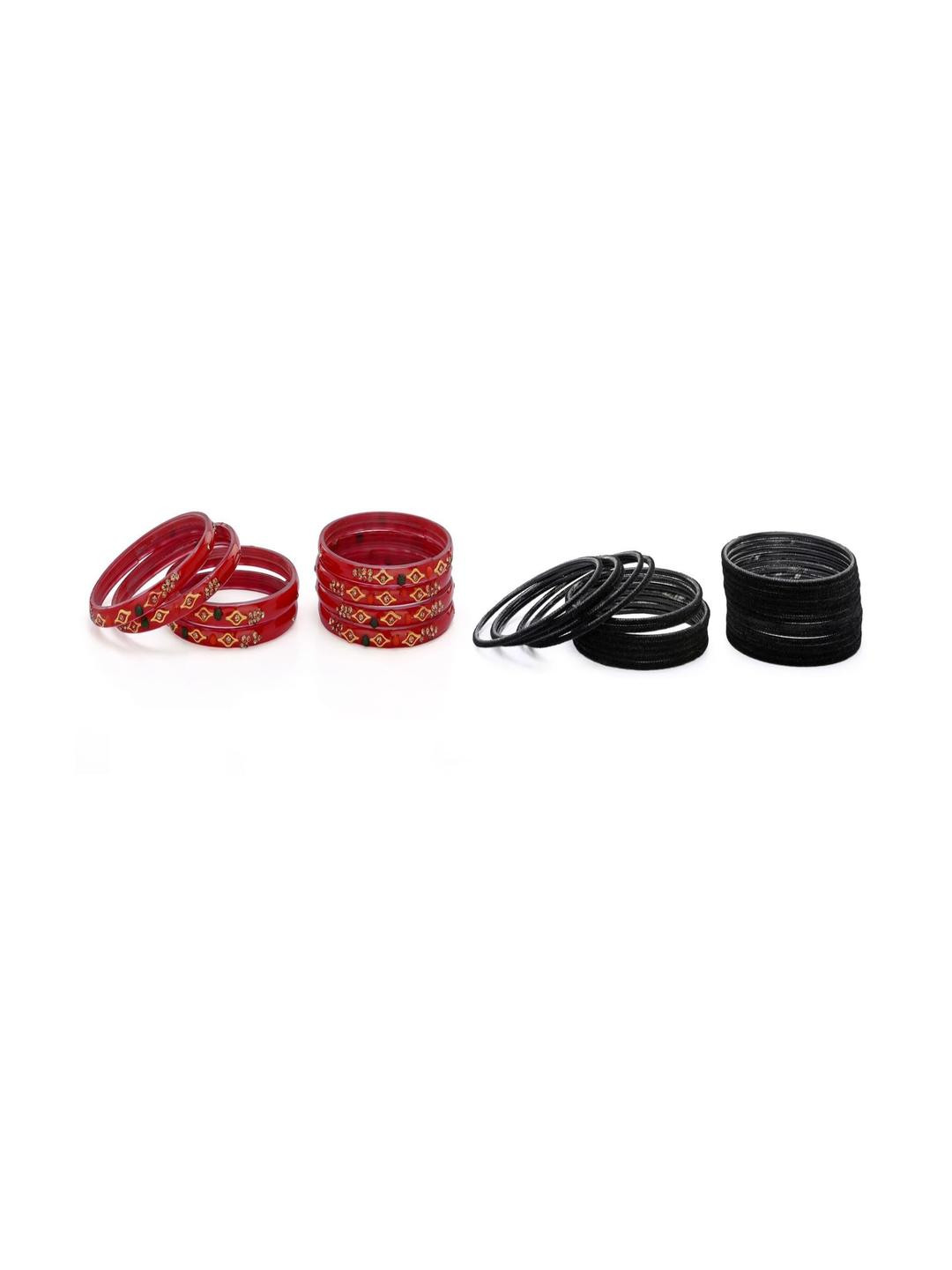 SOMIL Set Of 32 Red And Black Glass Artificial Stones & Beads Bangles