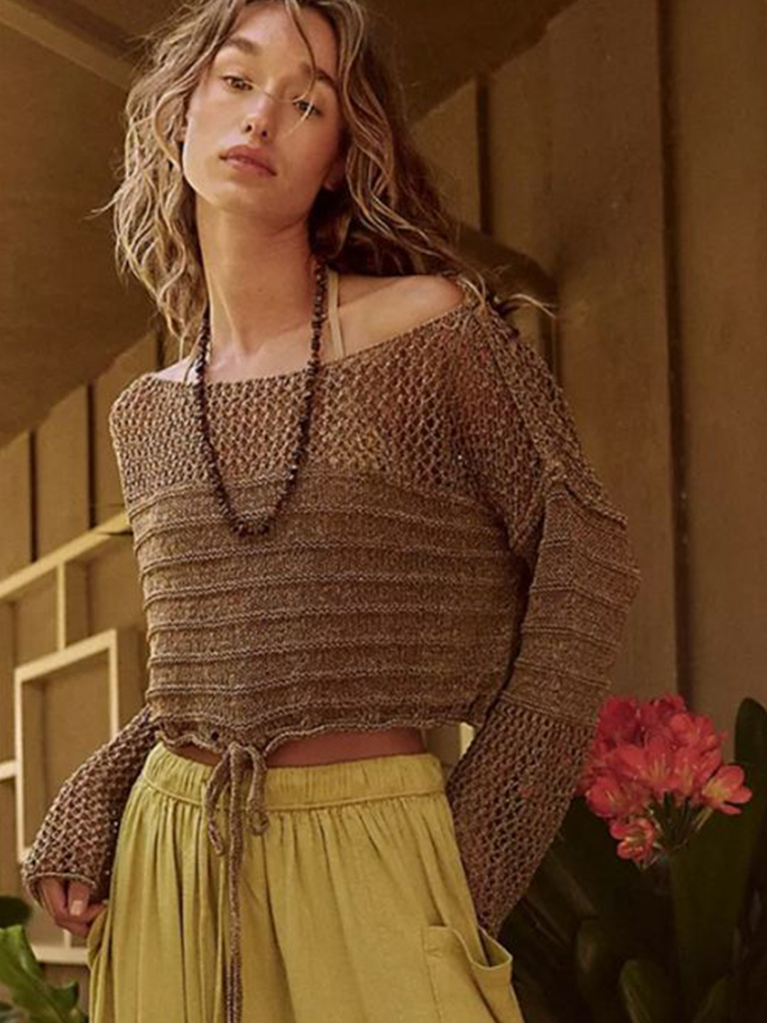 LULU & SKY Women Khaki Crop Bell Sleeve Top