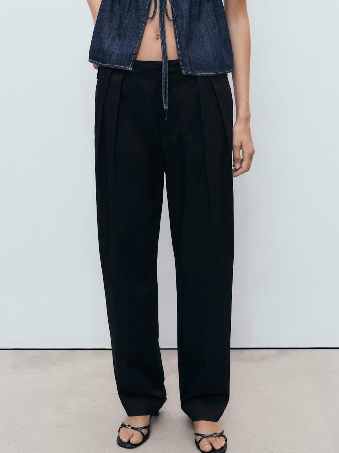 MANGO Women Low-Rise Pleated Detail Straight Fit Trousers with Button-Detail