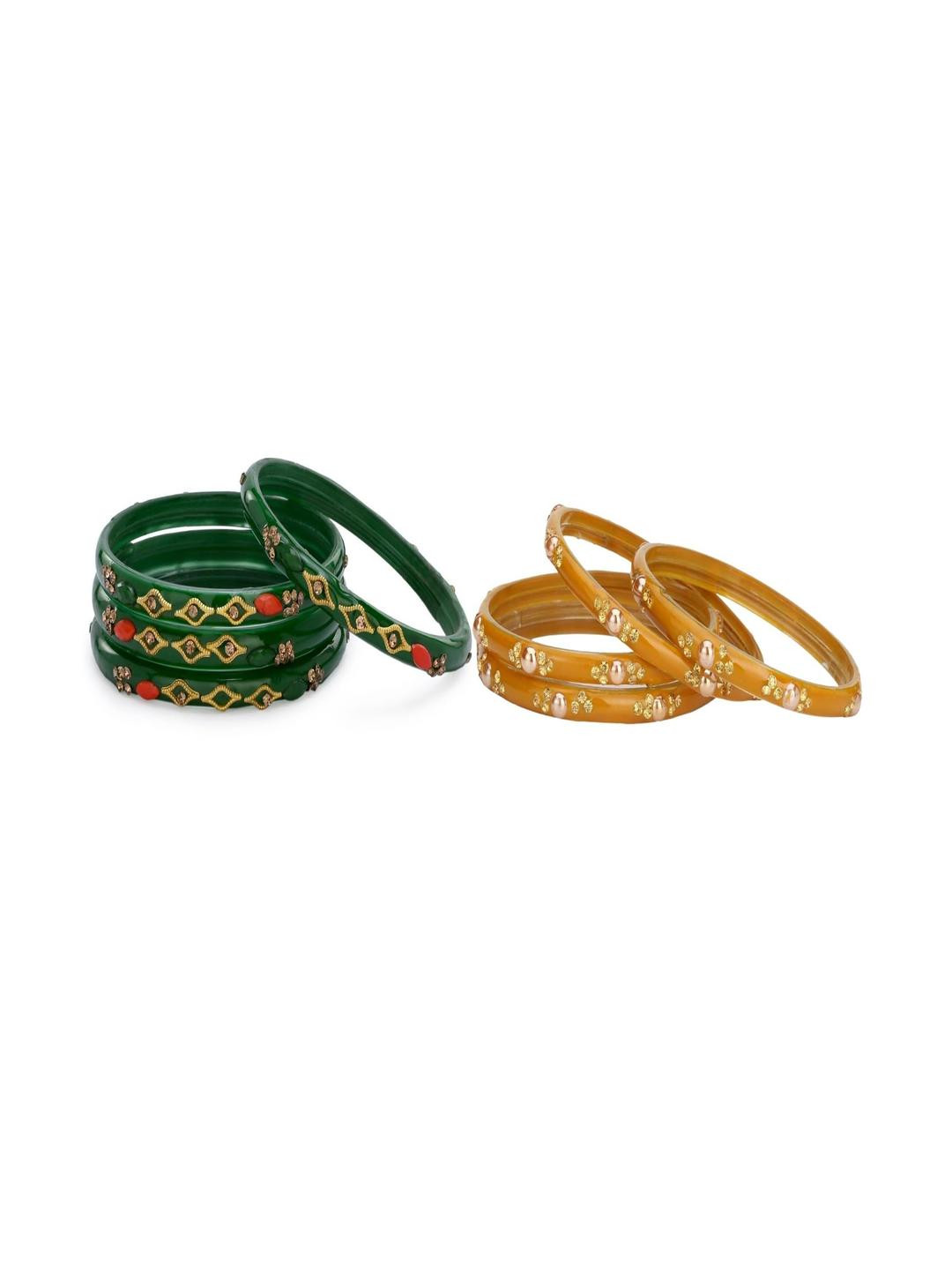 SOMIL Women Green & Yellow Pack Of 8 Handmade Traditional Glass Bangle Set