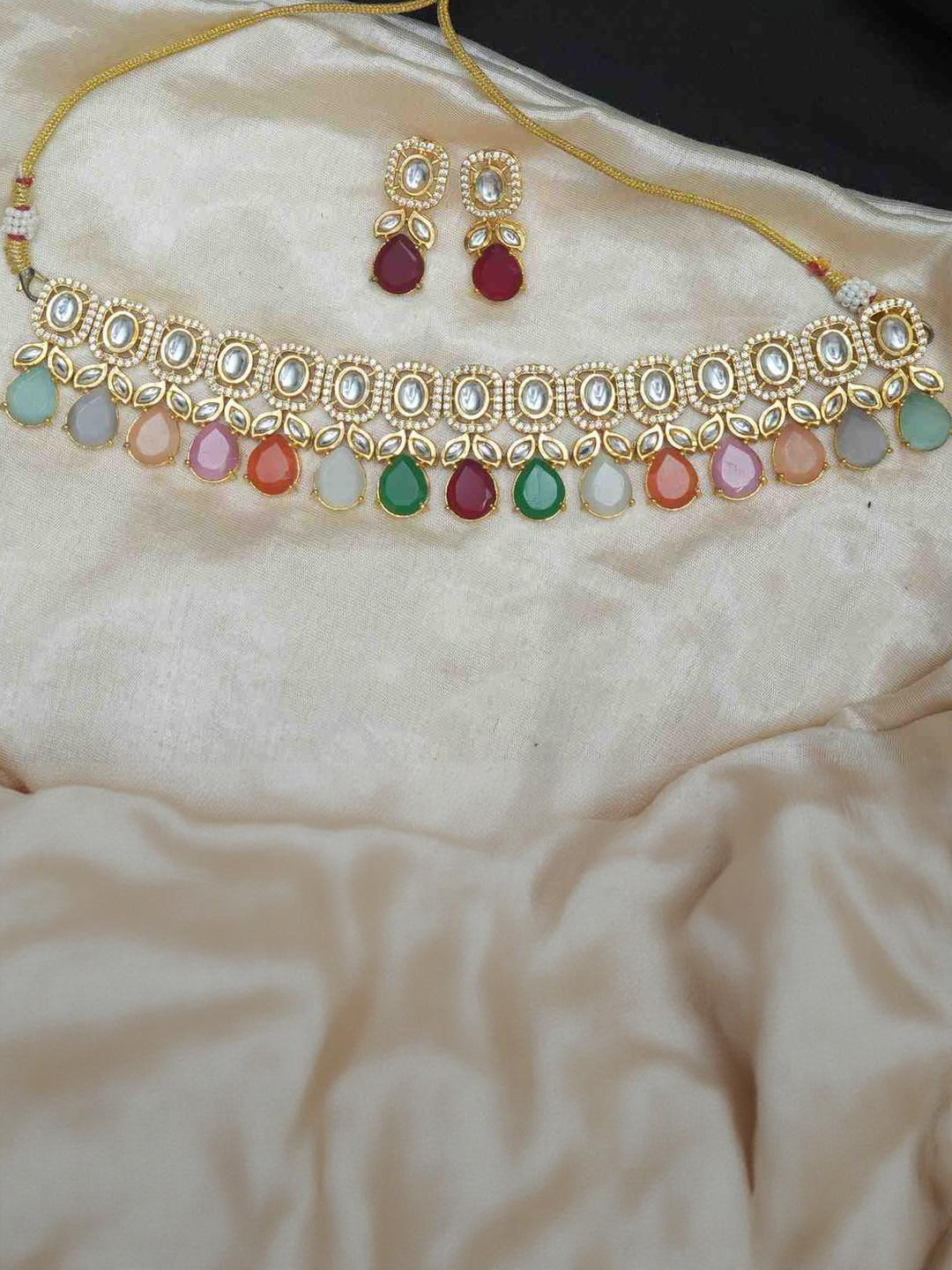 ANSHI ART Women Gold-Plated Brass Kundan & Navaratnam Stones Necklace & Earrings Set