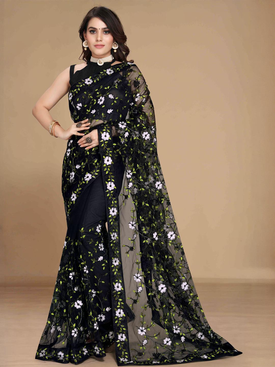 Peachmode Black Net  Sarees