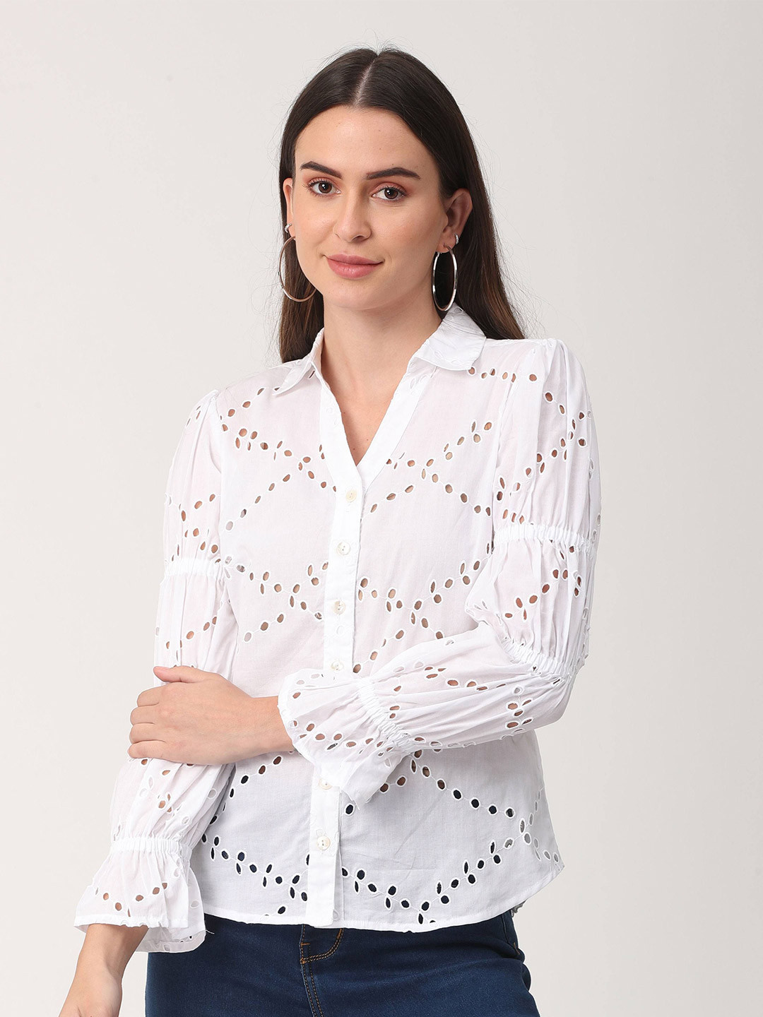 URBAN POCHE Women Self Design Schiffli Shirt Style Top