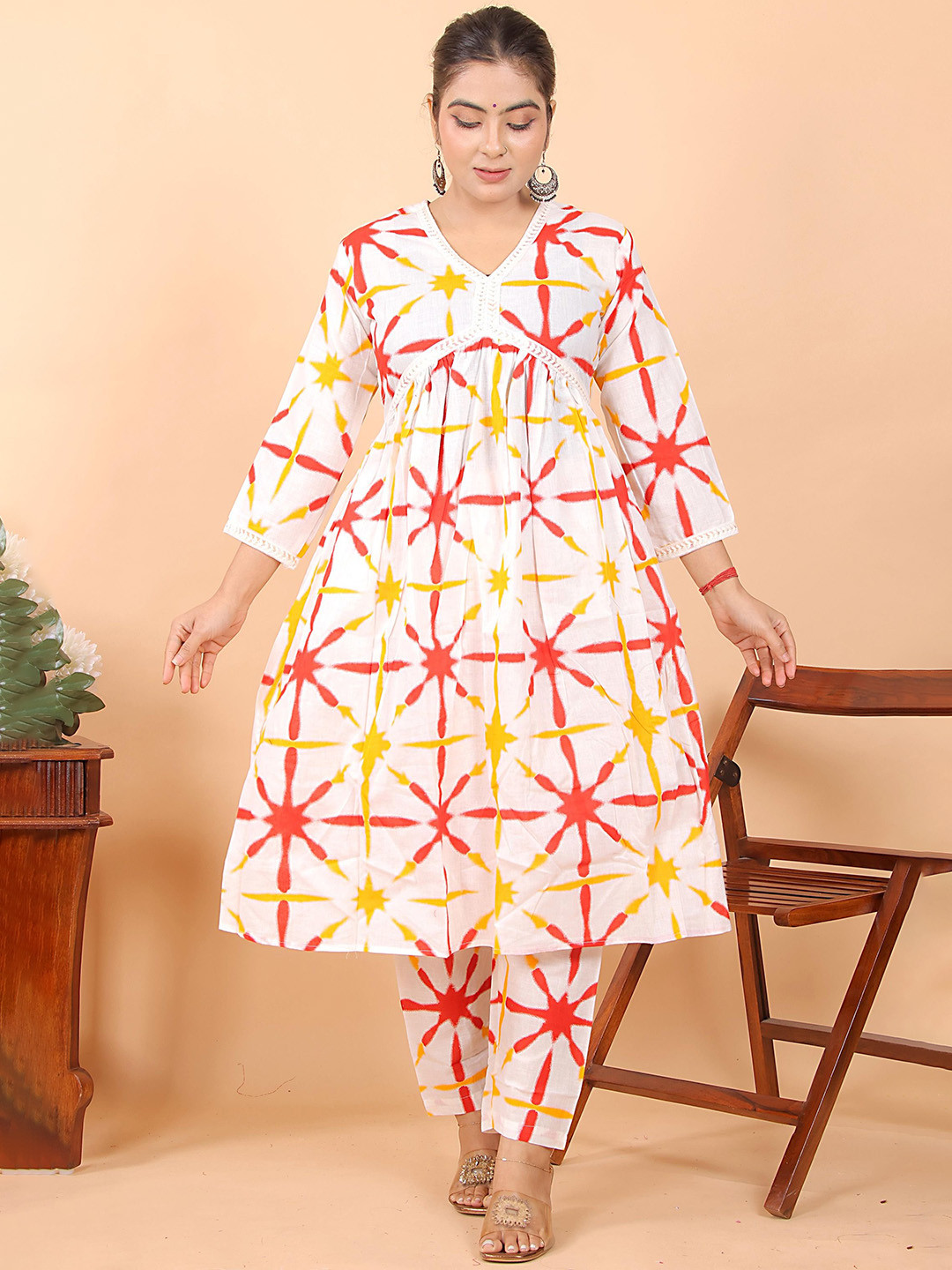 Parth S Fashion Abstract Printed V-Neck Empire A-line Kurta With Trousers