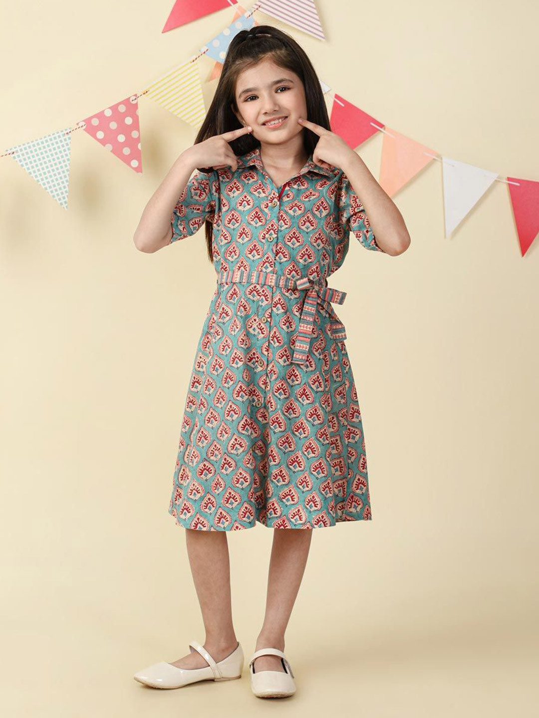 Fabindia Girls Ethnic Motifs Block Printed Shirt Cotton Midi Dress