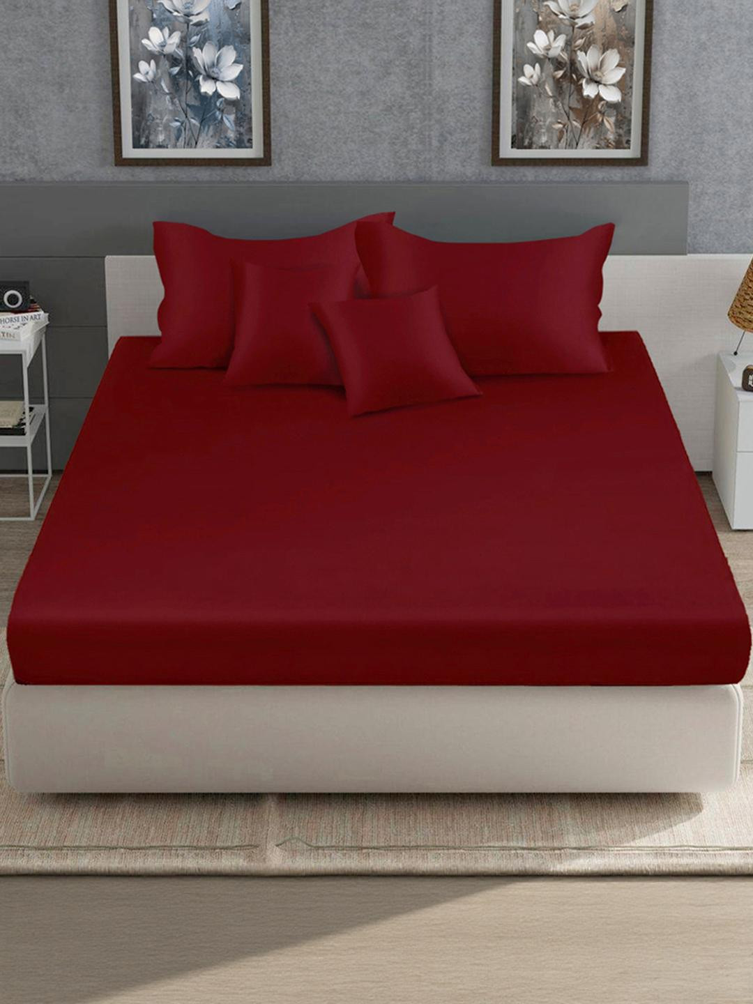 KLOTTHE Maroon 400 TC Poly Satin Fine King Bedsheets