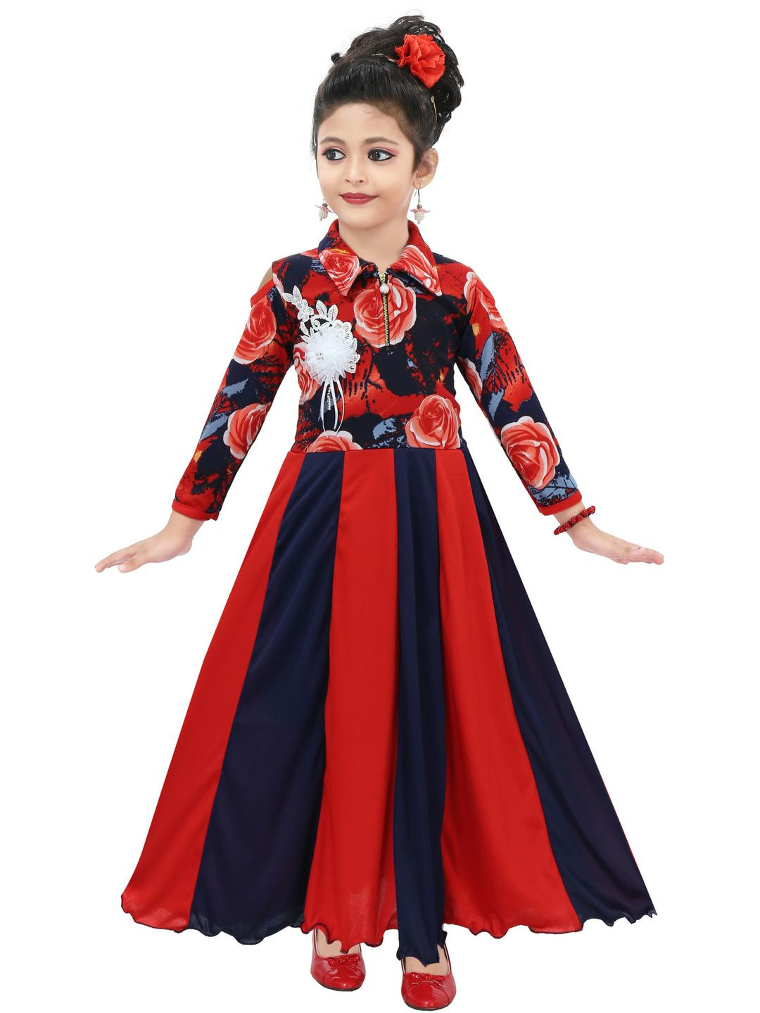 CHANDRIKA Girls Red Shirt Collar Long Sleeves Colourblocked Satin Maxi Dress