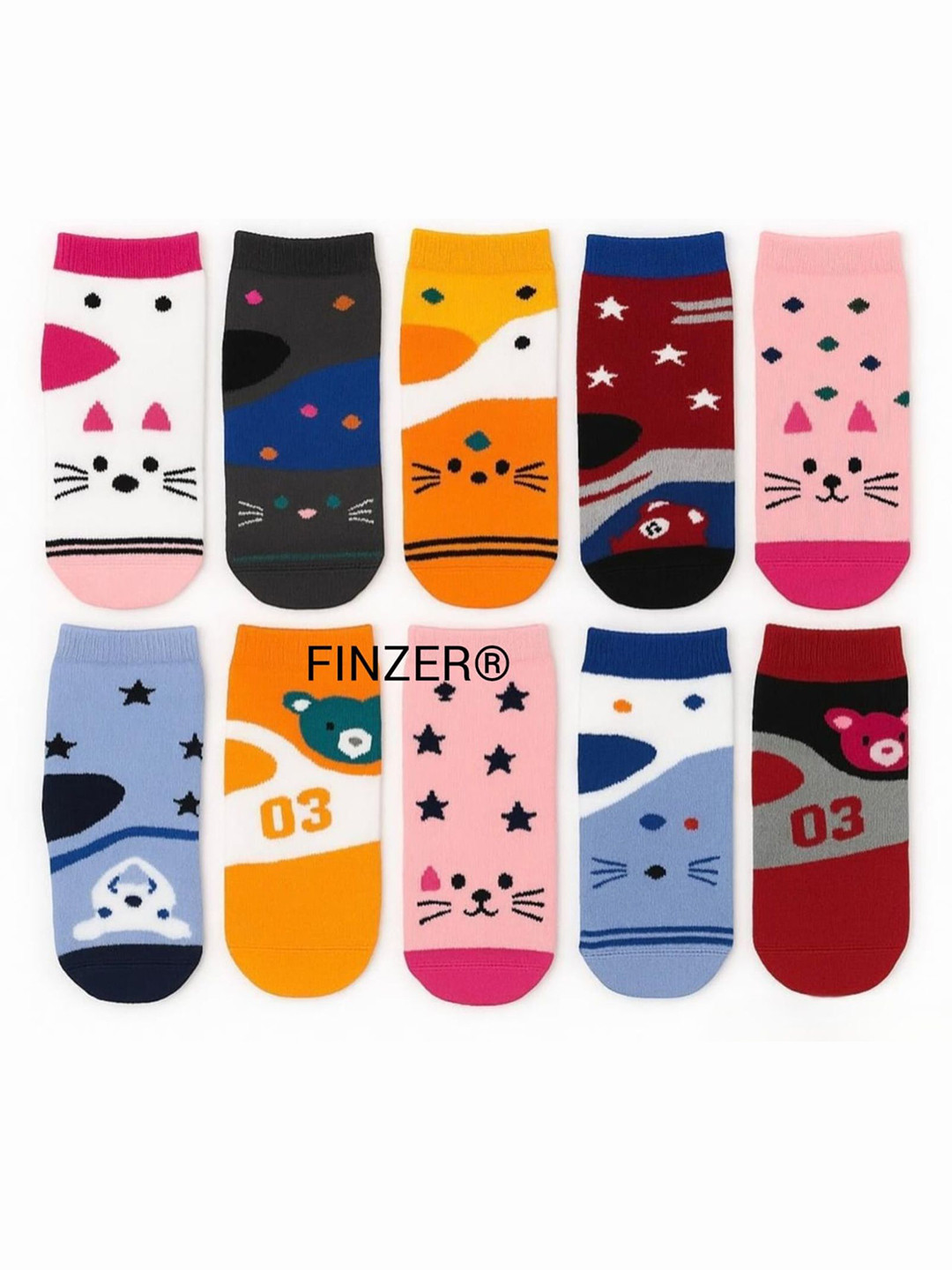FINZER Kids Pack Of 10 Ankle-Length Printed Pure Wool Assorted Socks