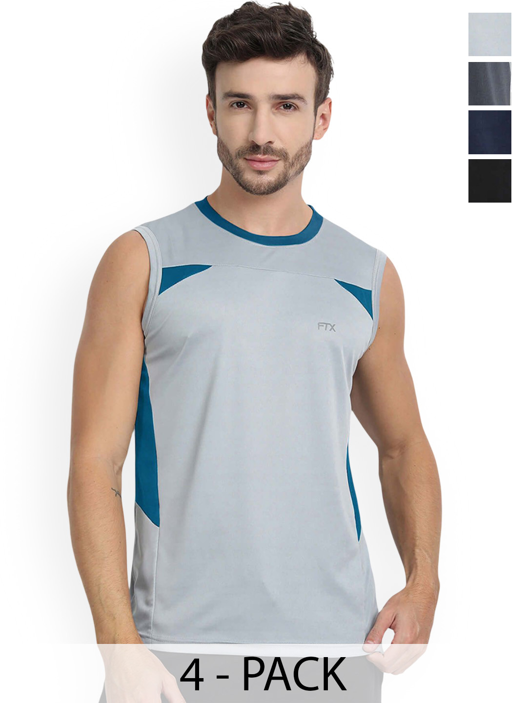 FTX Pack Of 4 Colourblocked Round Neck Bio-Wash Gym Innerwear Vests