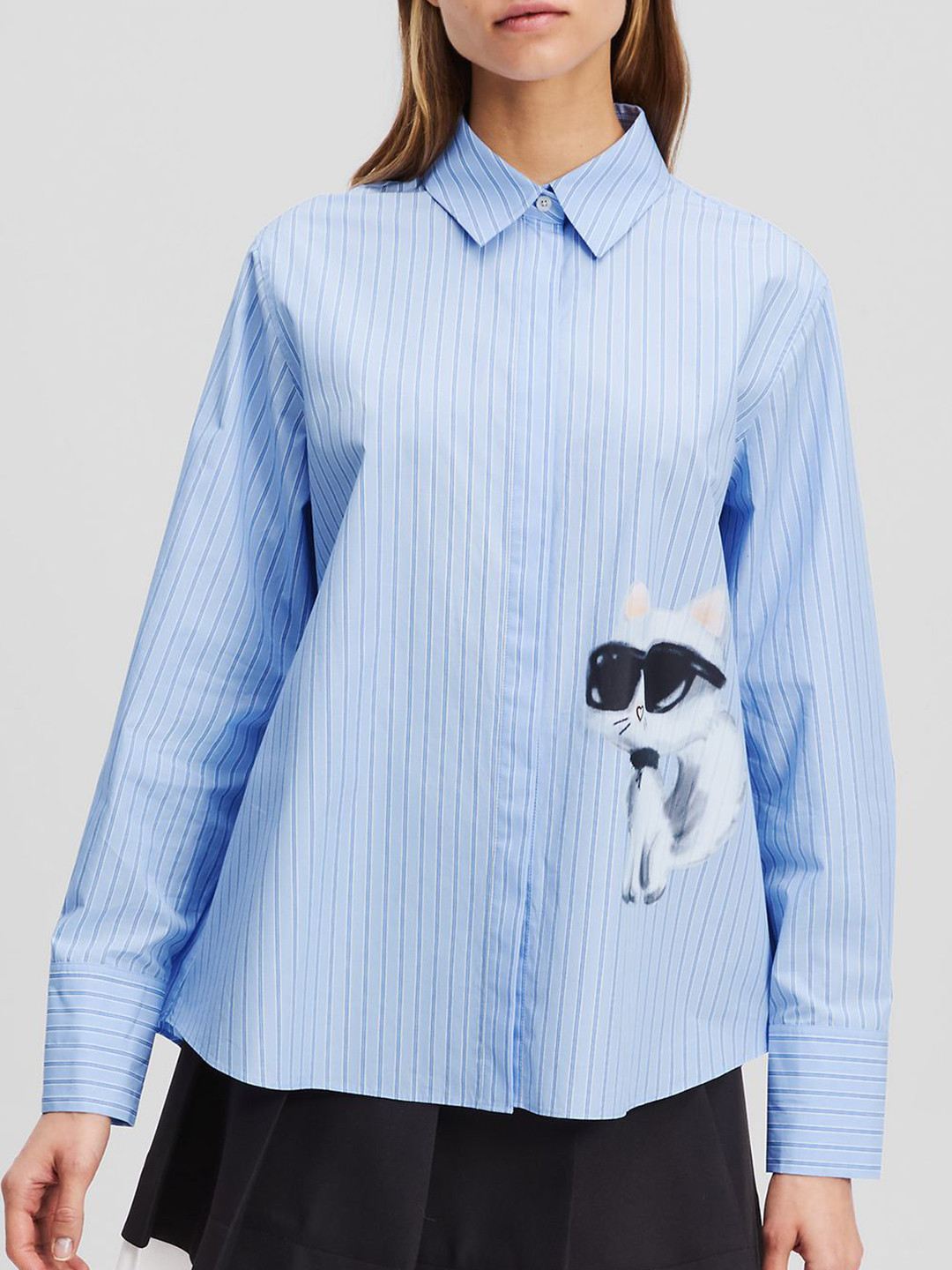Karl Lagerfeld Women Vertical Striped Spread Collar Cotton Casual Shirt