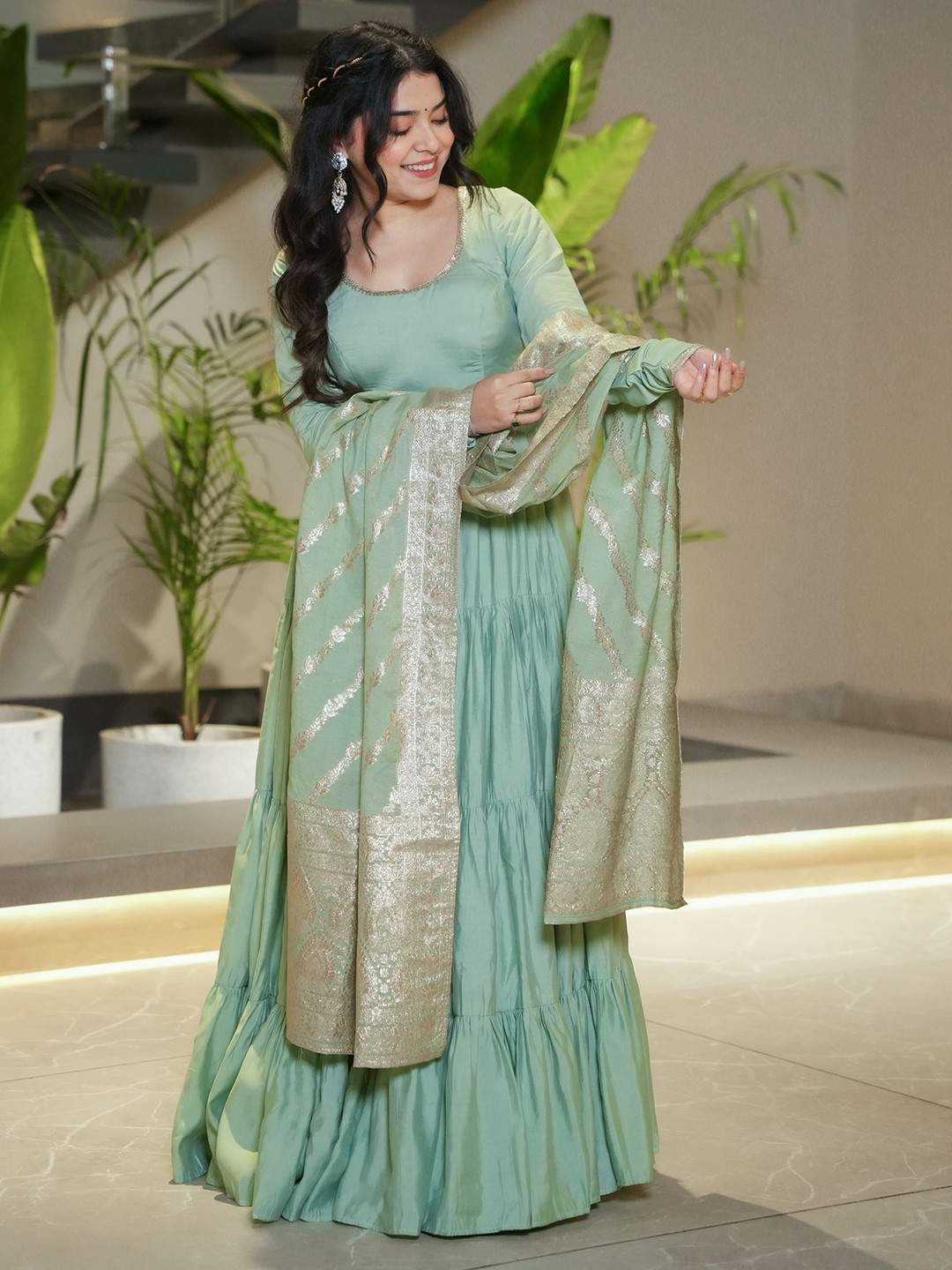 SWEETPEL Anarkali Thread Work Kurta With Trousers & Dupatta