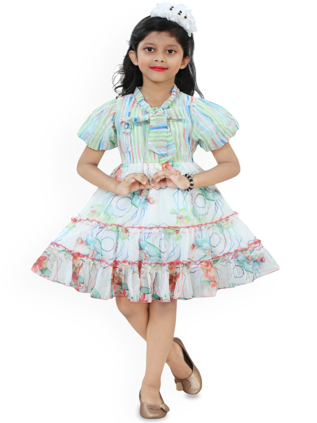 T Sumaita Dresses Girls Print Tie-Up Neck Flutter Sleeve Chiffon Fit & Flare Dress