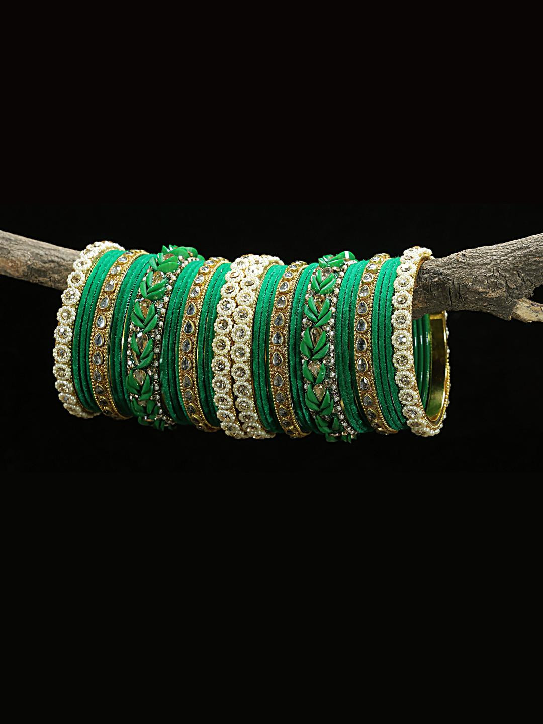 Amika Gold-Plated & Green Artificial Stones & Beads Bangles