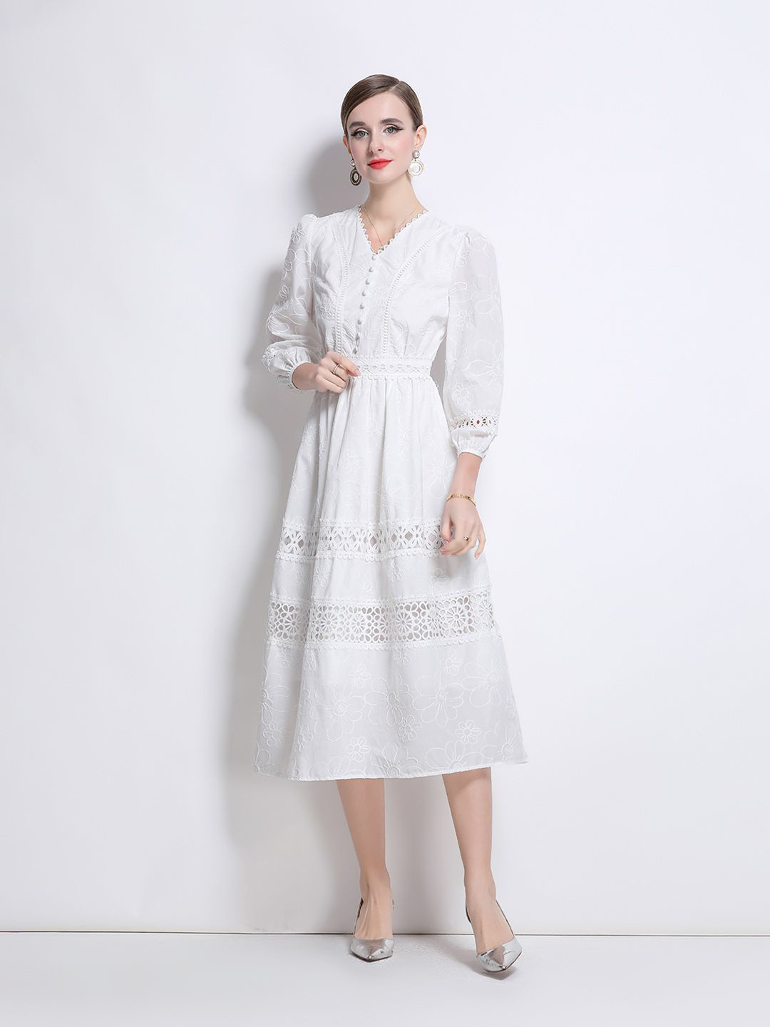 JC Collection Women V-Neck Puff Sleves Fit and Flare Midi Dress With Lace Inserts