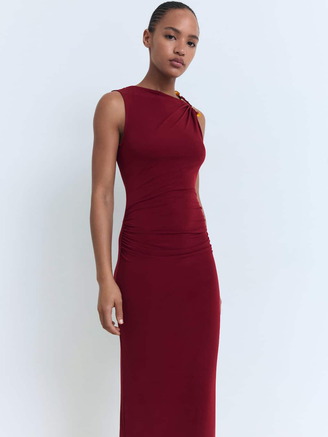 MANGO Metal Loop Detail Ruched Bodycon Midi Dress