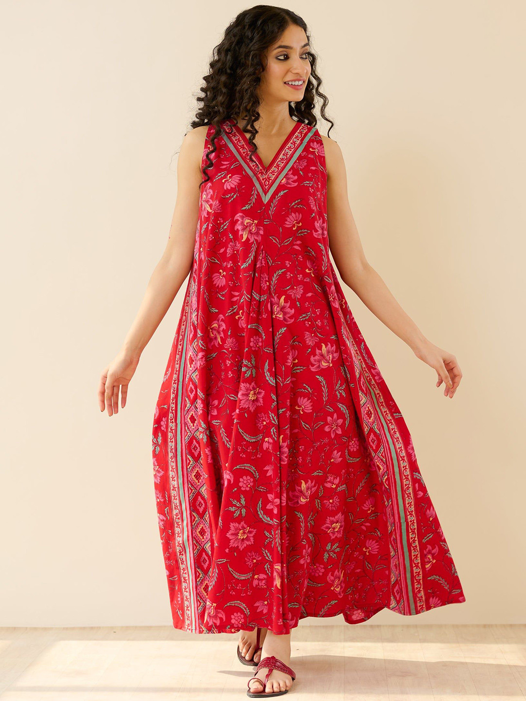 Rustorange Women Sara Red Sanganeri Cotton Fit & Flare Maxi Dress