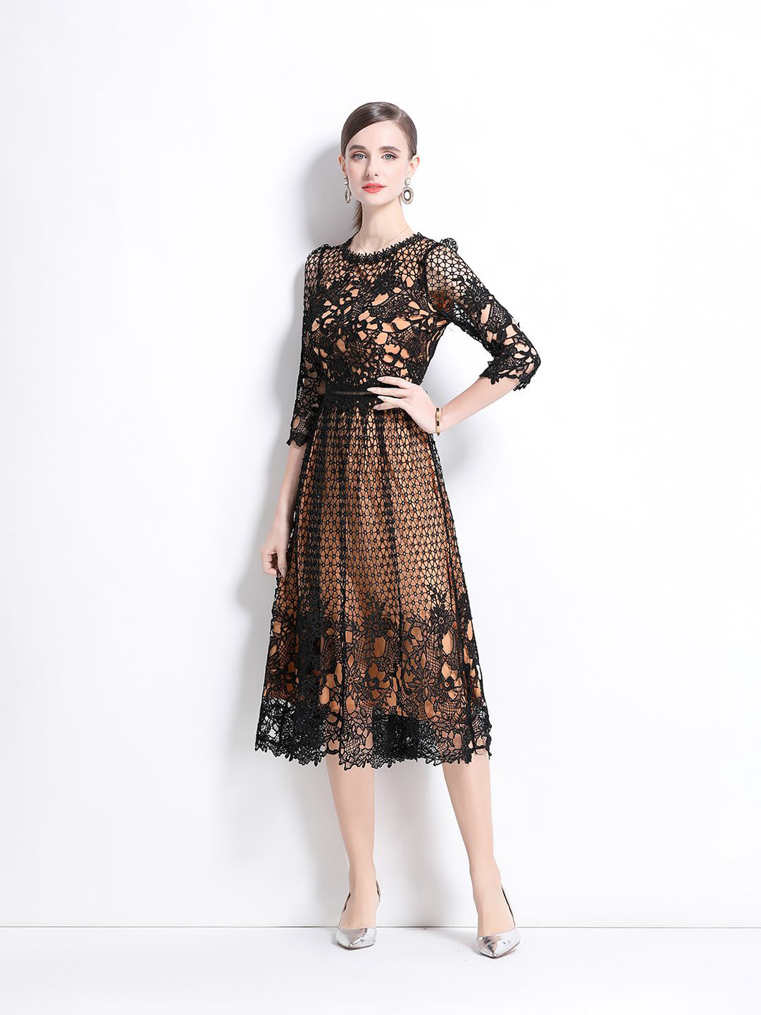 JC Collection Lace Inserts Sheer Fit & Flare Midi Dress