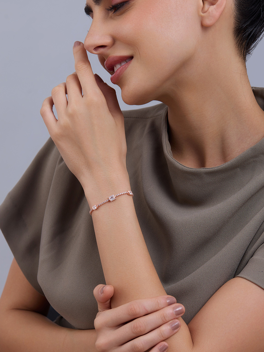 Kushal's Fashion Jewellery Women 92.5 SterlingSilver Rose Gold-Plated Zircon Link Bracelet