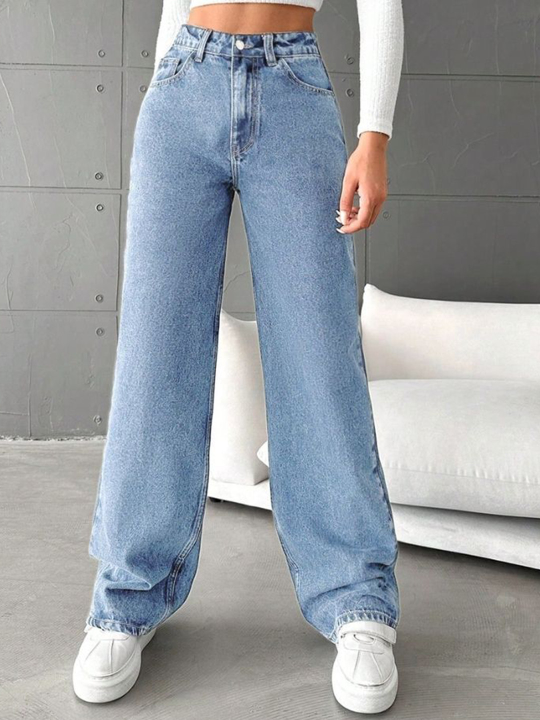 NUCOUTHS Women Super Wide Leg Baggy High-Rise Stretchable Denim Jeans