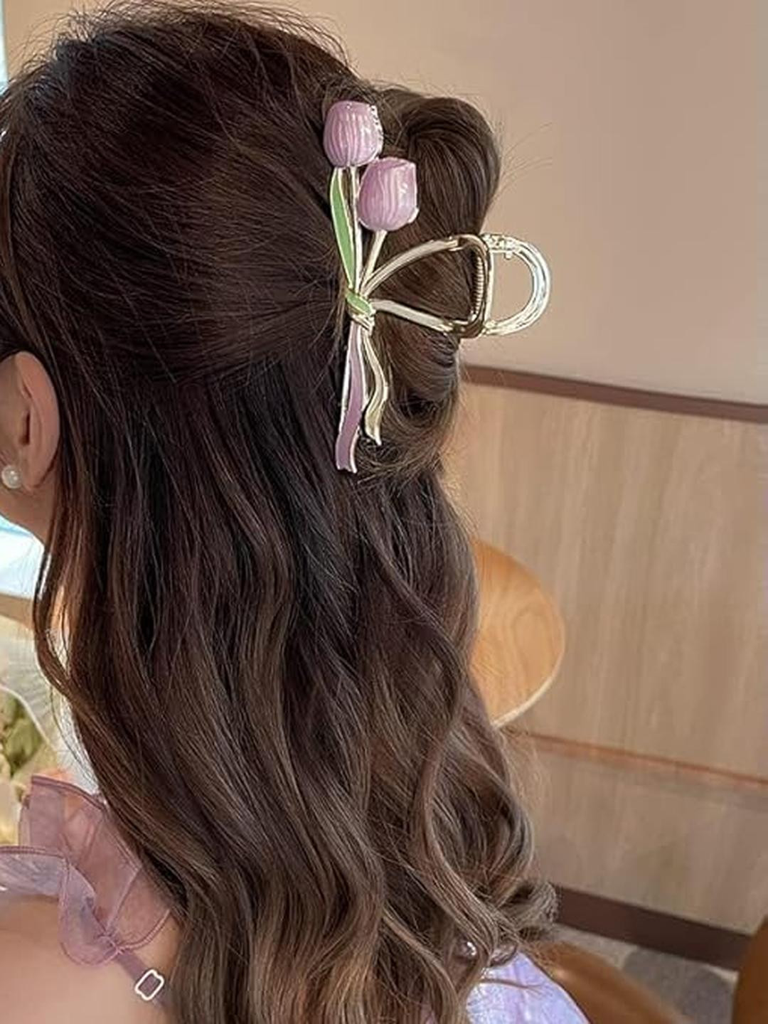 Beauty Flow Women Gold Metal Purple Embellished French Barrette