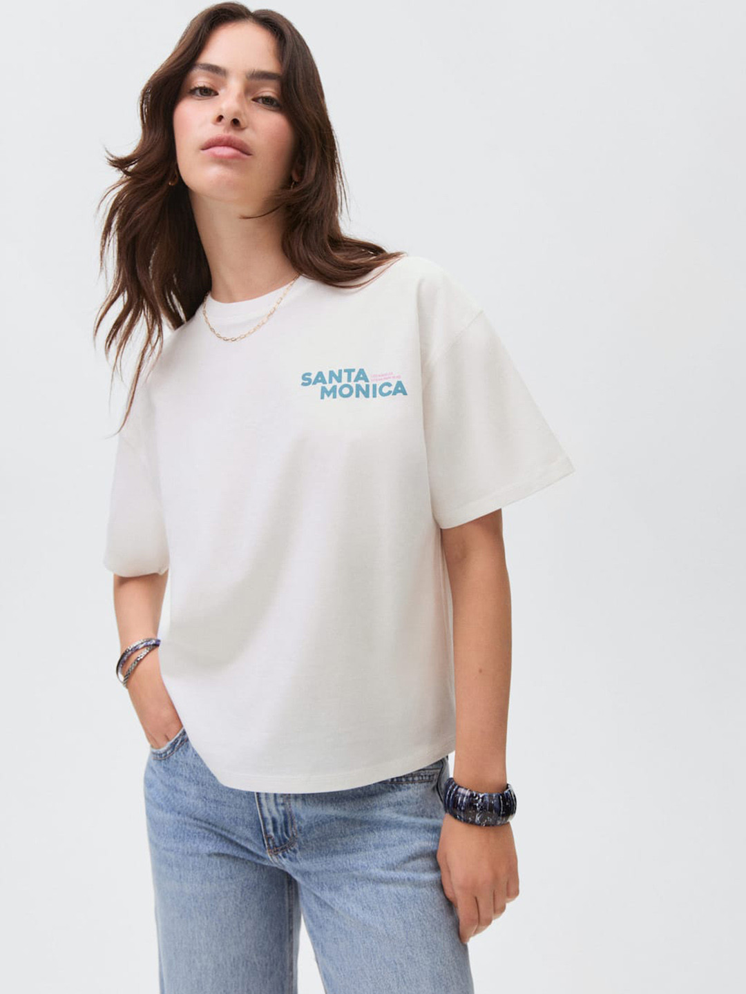 MANGO Graphic Printed Drop-Shoulder Sleeves Pure Cotton T-shirt