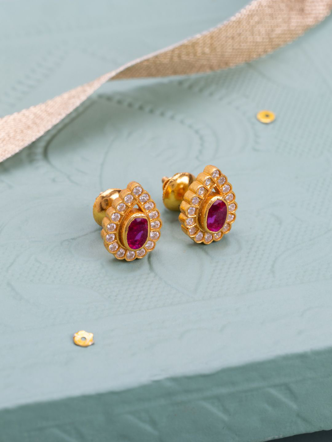 Kushal's Fashion Jewellery 92.5 Pure Silver Gold-Plated Contemporary Ruby Studs Earrings