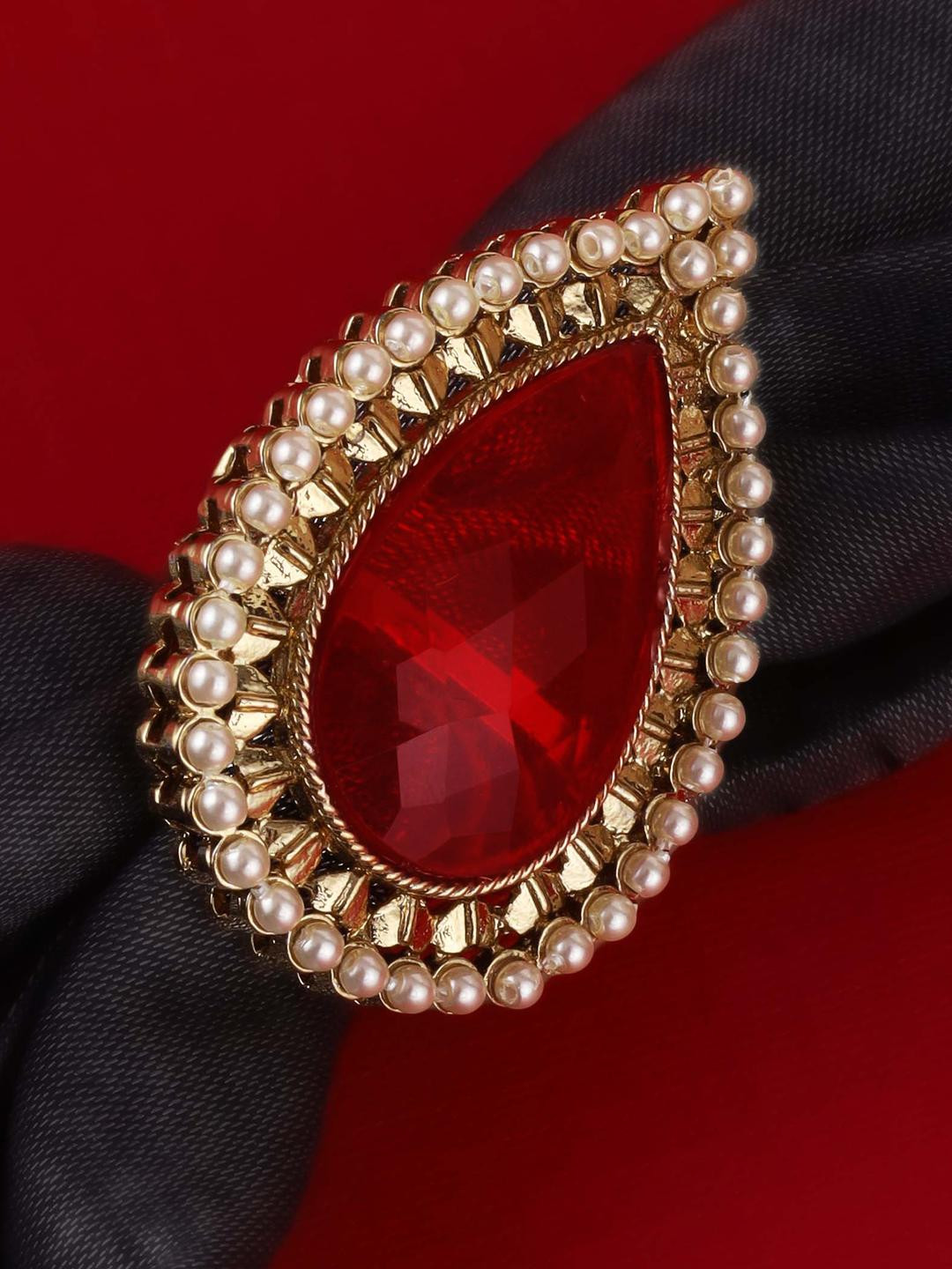 SALONI FASHION JEWELLER Women Oval Shape Red Stone Gold Plated Adjustable Ring