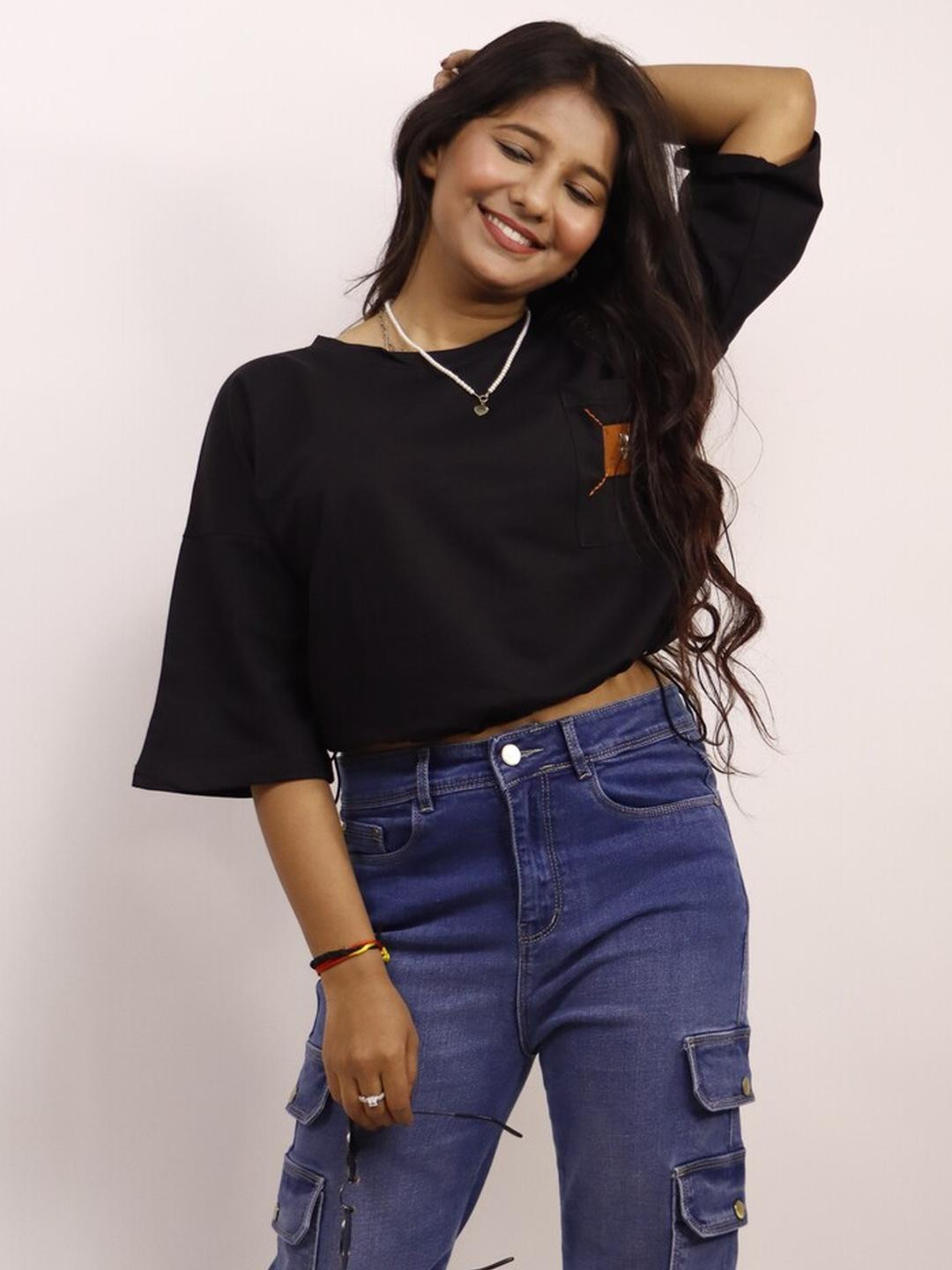 MODFUSE Women Black Solid Drop Shoulder Cotton Crop Top