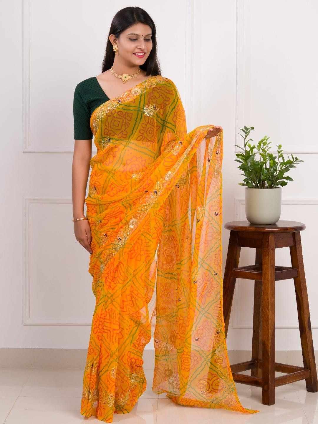 KCPC BANDHANI Yellow Pure Georgette  Sarees