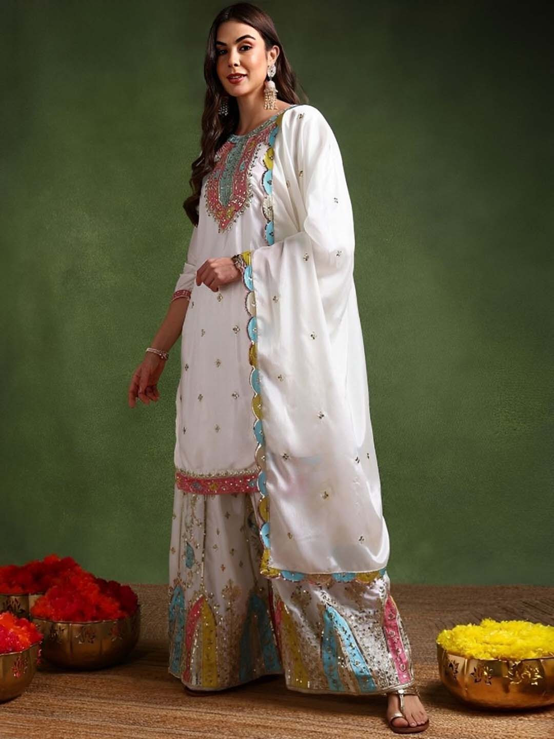 ANVERI TEXTILES Women Ethnic Motifs Embroidered Silk Kurta with Palazzo & Dupatta