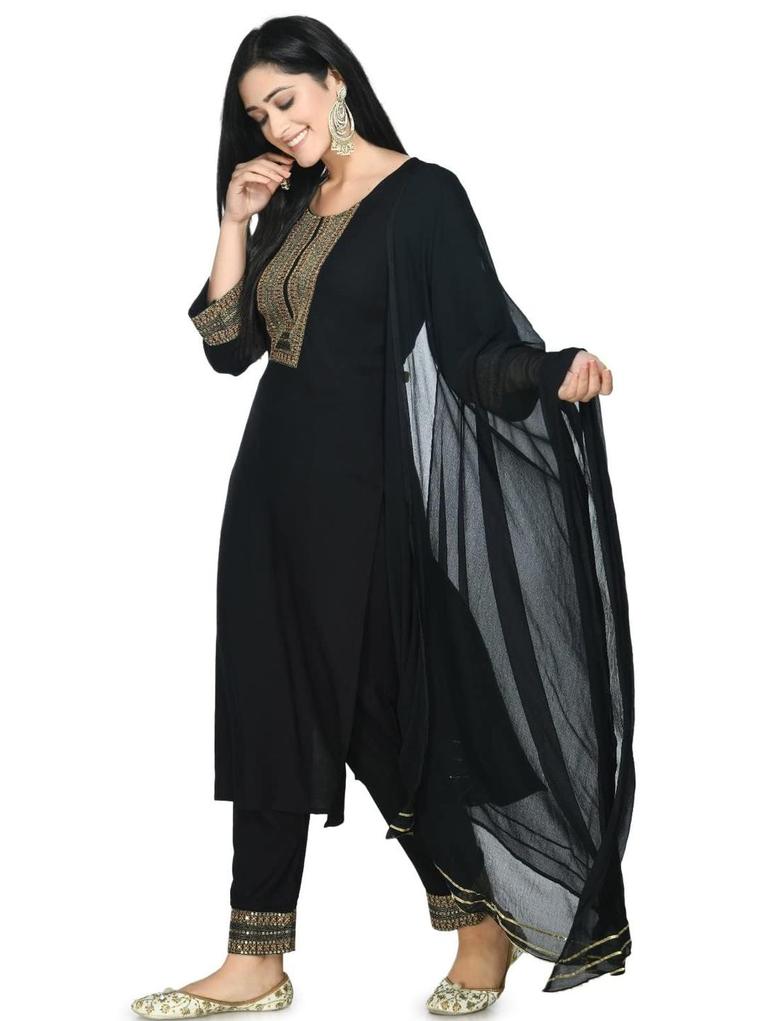 LIBOZA Women Black Embroidered Viscose Rayon Round Neck Kurta & Pant With Dupatta Set