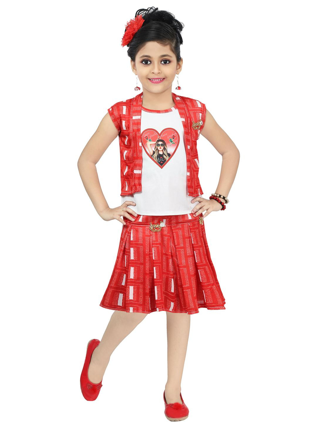 CHANDRIKA Girls Red & White Puff Sleeve Dress