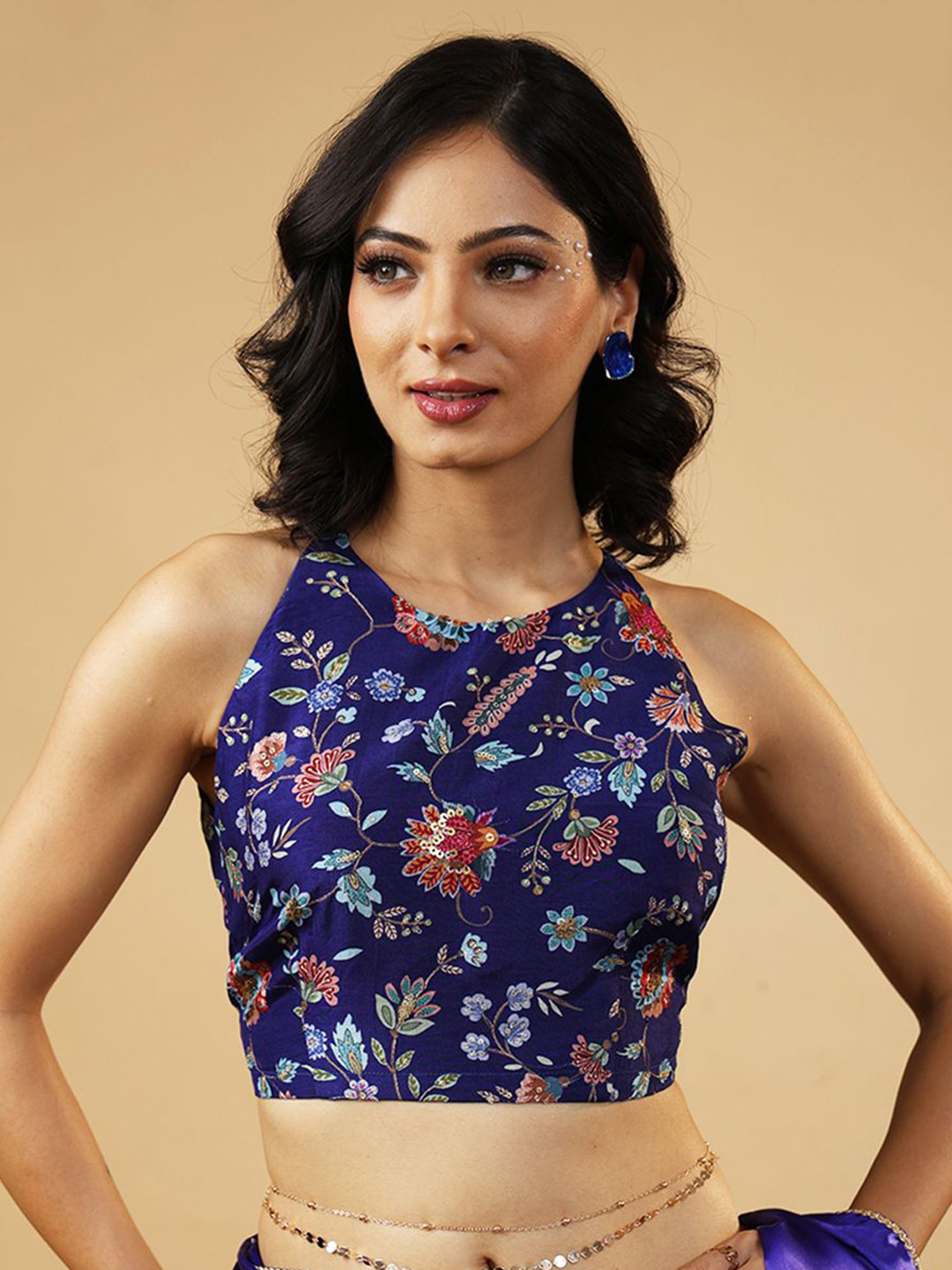 HANDME Floral Printed Stitched Silk Saree Blouse