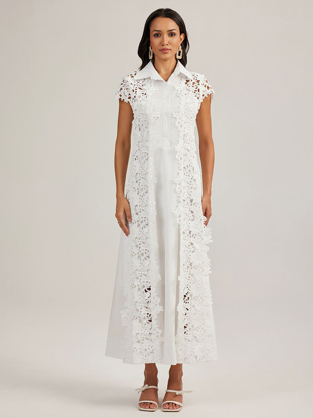 JC Collection Women Shirt Collar Lace Inserts Detail Shift Maxi Dress