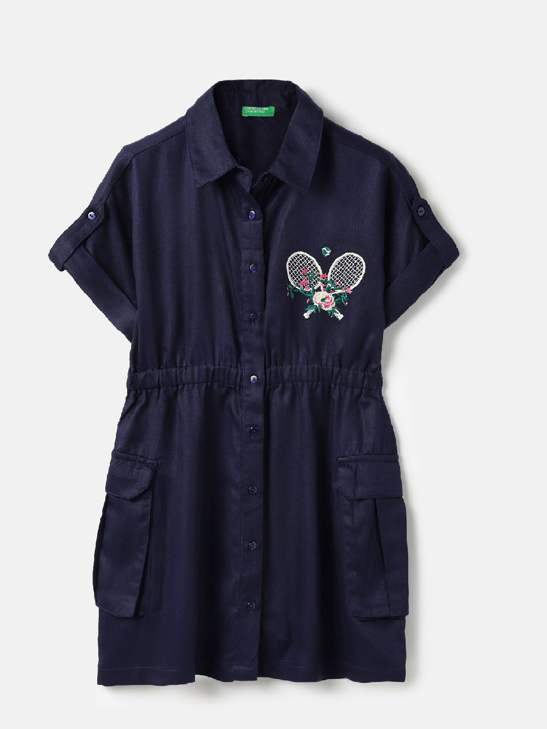 United Colors of Benetton Girls Embroidered Shirt Midi Dress with Utility Pockets