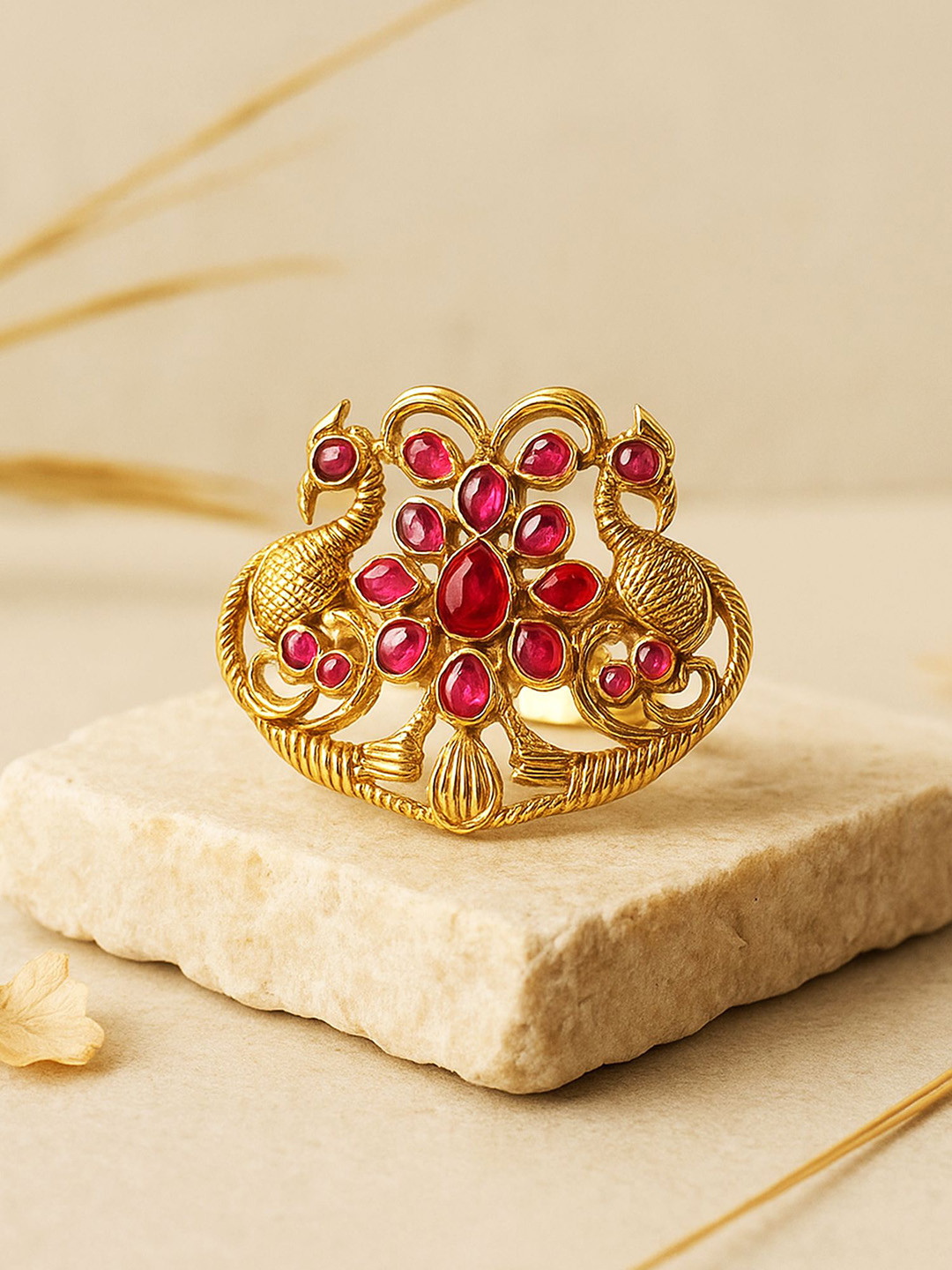 KARATCART Gold-Plated Stone-Studded Peacock Design Finger Ring