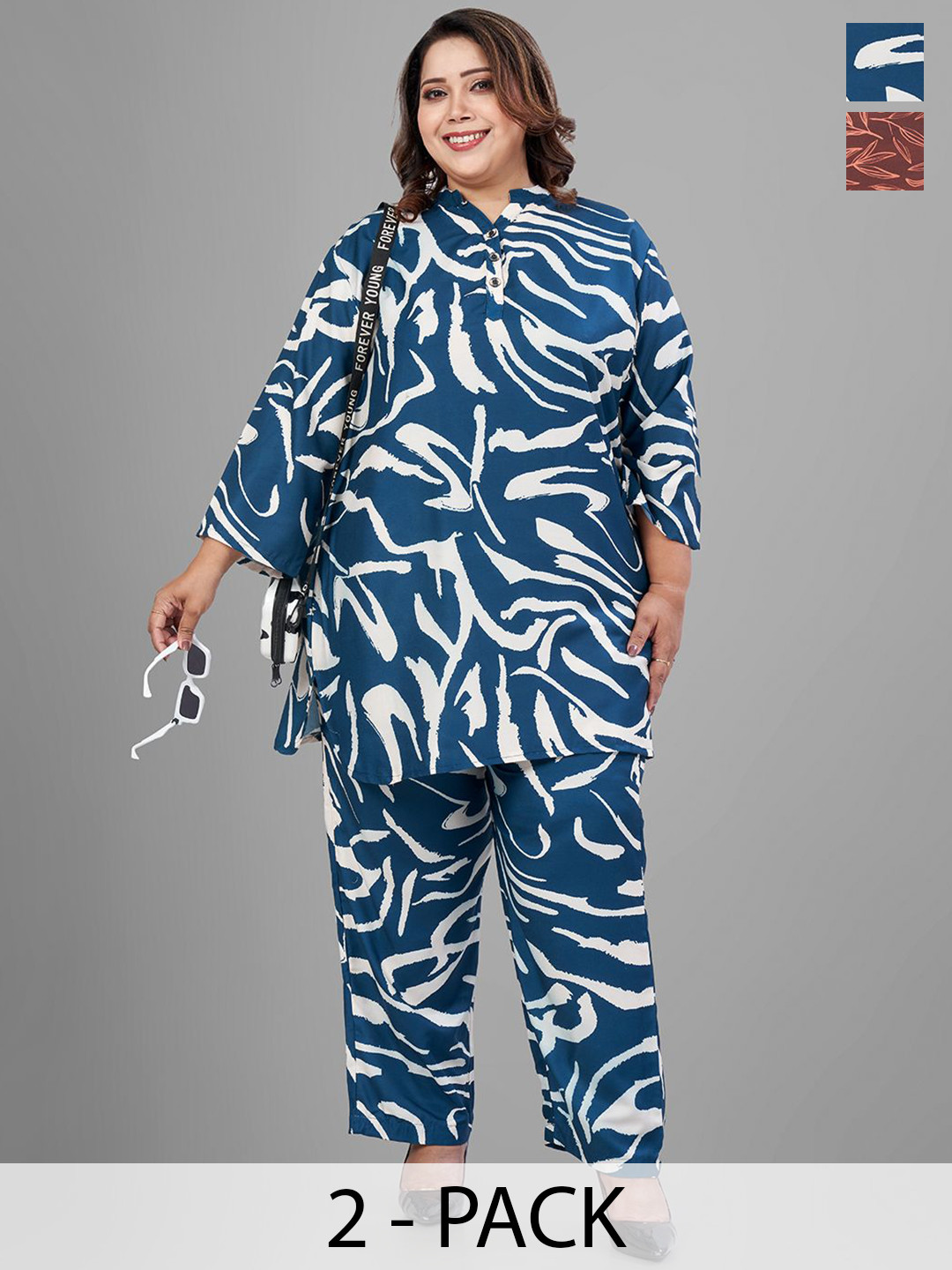 TITTLI Pack Of 2 Plus Size Printed Mandarin Collar Tunics & Trousers