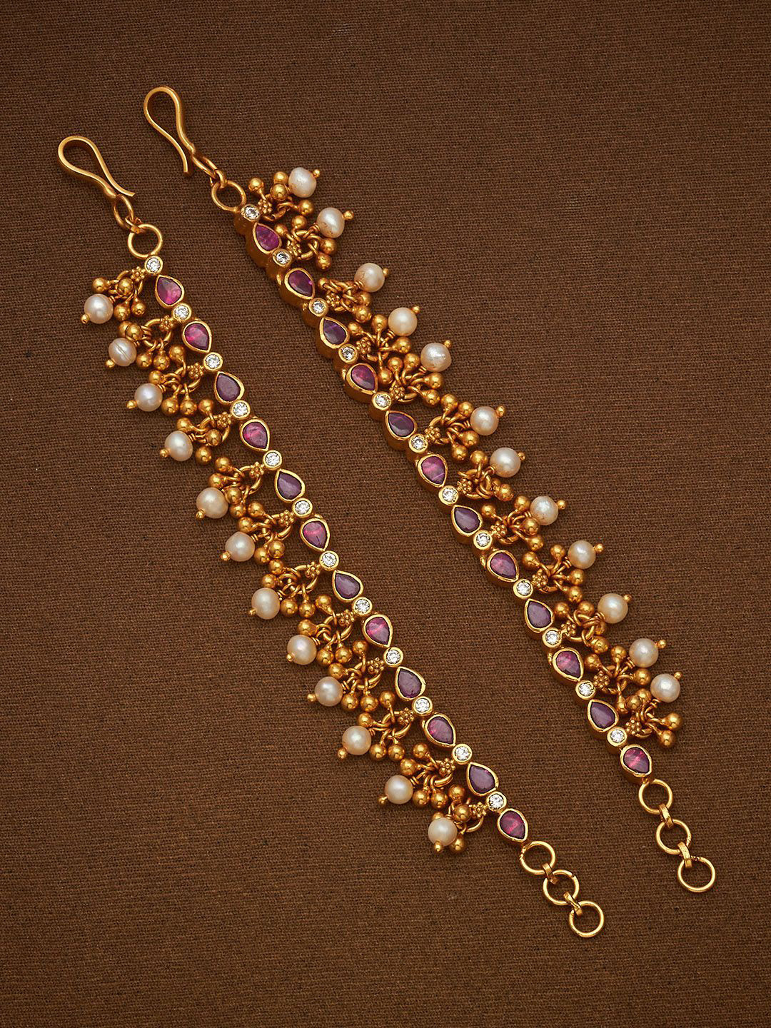 Kushal's Fashion Jewellery 92.5 Silver Gold-Plated Studded & Beaded Temple Matil Cuffs