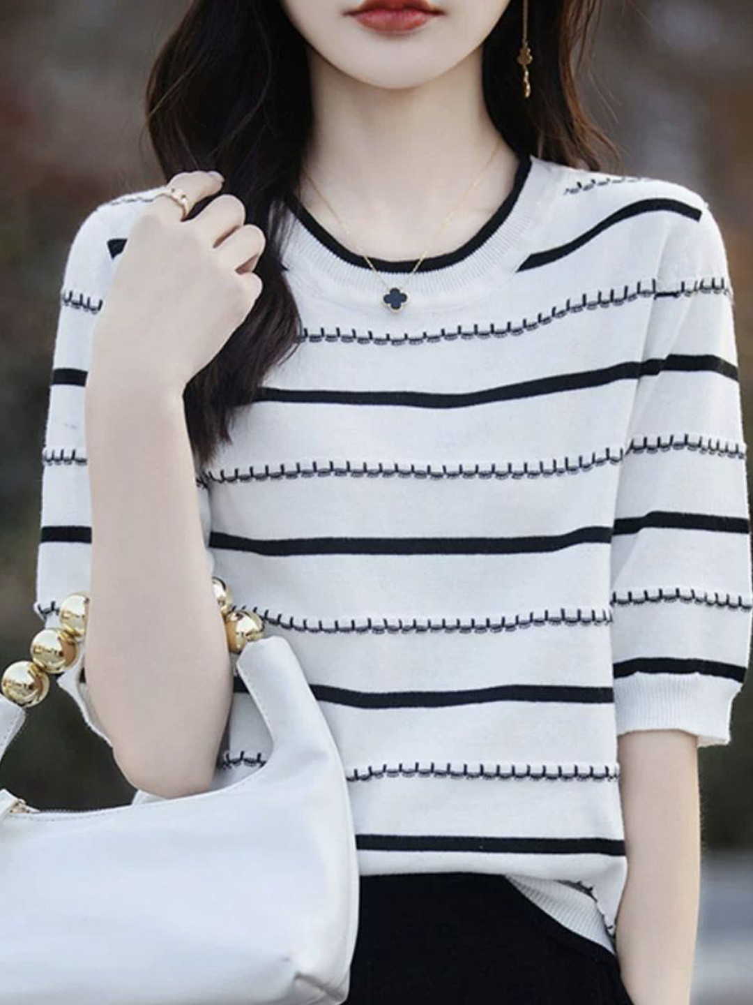 StyleCast Women Striped Round Neck Cashmere Pullover Sweater